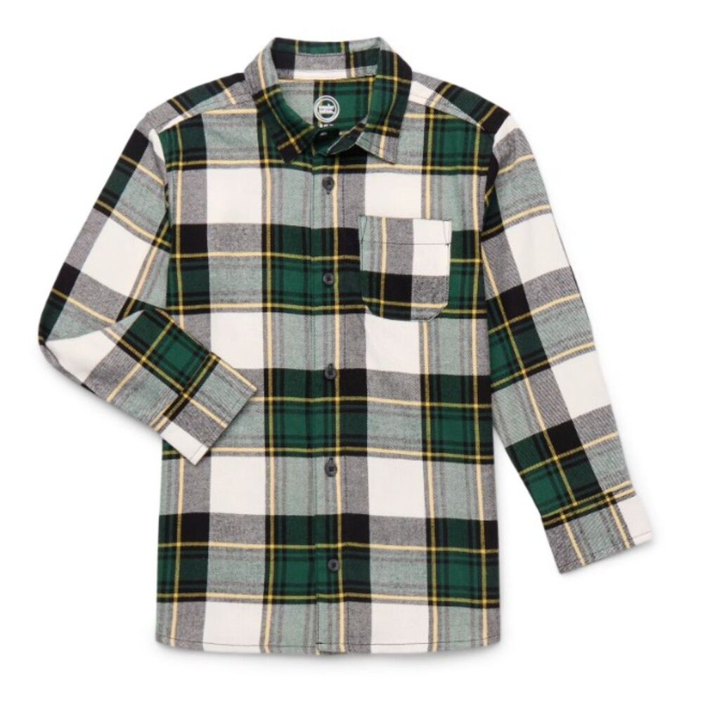 NEW NWT Boys Sz XXL (18) Green Plaid Soft Flannel Button Up Shirt WONDER NATION